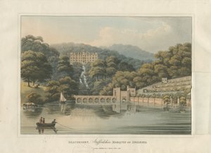 Beaudesert Hall y parque (grabado en aguatinta coloreado) de English School