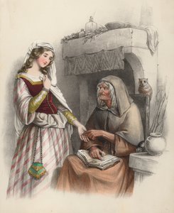 Hermosa joven visitando a una bruja para consultarle sobre el futuro de English School