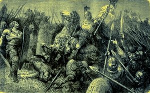 Belisario lidera el ejército romano contra los godos, ilustración de The Illustrated History of the World, publicado c.1880 de English School