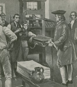 Benjamin Franklin visitando la imprenta de su antiguo maestro en Londres de English School