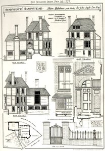 Residencia Bijou Sunnycote, Hampstead, (con estudio) para John Ingle Lee Esq, de The Building News, 23 de febrero de 1877 de English School