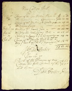 Factura de Daniel Porter a New College, 1690
