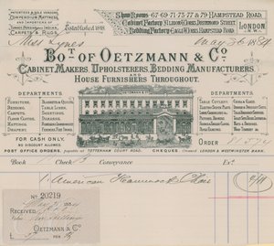 Factura de Oetzmann & Co, fabricantes de muebles, tapiceros, fabricantes de camas y proveedores de muebles para el hogar de English School