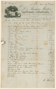 Factura de Thomas Martin, fabricante de ataúdes y funerario en relación con el funeral del Sr. William Eubank de English School