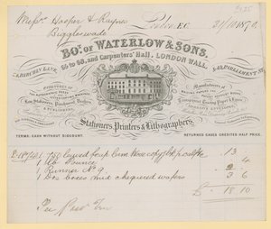 Factura de Waterlow and Sons, 66-68 Carpenters Hall, London Wall, papelería