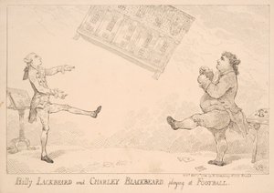 Billy Blackbeard y Charley Blackbeard jugando al fútbol, caricatura satírica refiriéndose al East India Bill, publicada por W. Humphrey, 1744 de English School