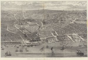 Vista aérea de Liverpool, desde el Mersey, con todos los nuevos edificios públicos de English School