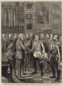 Recepción de cumpleaños del emperador de Alemania en Berlín, el emperador y el mariscal de campo von Wrangel (grabado) de English School