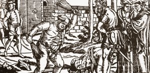 El obispo Bonner golpeando a su prisionero, John Willes, en el huerto de su palacio en Fulham (xilografía) de English School