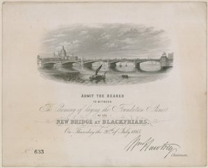 Puente de Blackfriars. Invitación a la ceremonia de colocación de la primera piedra, 20 de julio de 1865