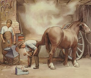 Herrador herrando un caballo (litografía en color)