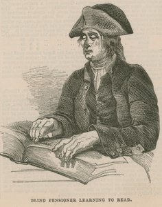 Pensionista ciego aprendiendo a leer (grabado)