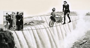 Blondin (Francois Gravelet) empuja una carretilla sobre una cuerda floja sobre las Cataratas del Niágara