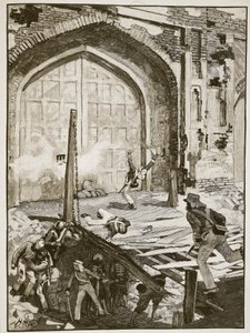 Voladura de la puerta de Cachemira en Delhi, ilustración de Cassells Illustrated History of England de English School