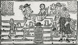 Juego de mesa y bebida en la taberna (xilografía) de English School