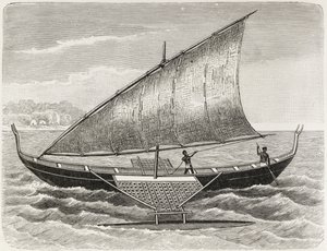 Barco de las Islas Mortlock, con balancín y vela de estera de junco, de 