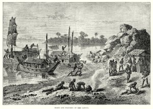 Barcos y barqueros del Ganges (grabado) de English School