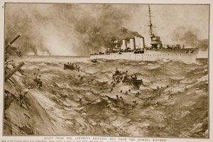 Botes del Arethusa rescatando hombres del hundimiento del Blucher de English School