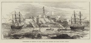Bombardeo de Mombasa por HMS Nassau y Rifleman y Botes de HMS London (grabado) de English School