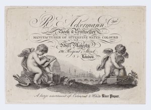Tarjeta comercial de librero y vendedor de impresiones, R Ackermann Junior de English School