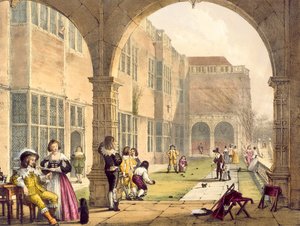 Bolos en la Terraza de Bramshill en 1600, de Arquitectura de la Edad Media por Joseph Nash, publicado en 1838