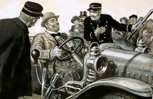 El boxeador Jack Johnson al volante de un coche de carreras