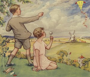 Niño y niña volando una cometa (litografía en color)