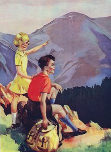 Niño y niña haciendo senderismo en las montañas (litografia de color)