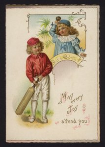 Niño y niña jugando al cricket, tarjeta de felicitación, finales del siglo XIX o principios del XX de English School