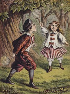 Niño y niña jugando con bate y pelota (litografía en color) de English School