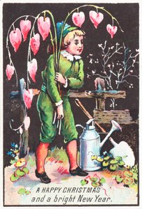 Niño llevando flores de corazón sangrante, tarjeta de Navidad de English School