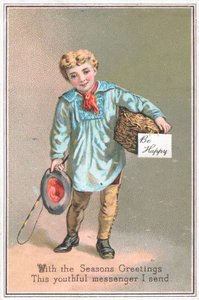 Niño entregando una cesta de regalos de English School