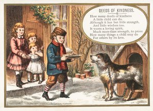 Niño alimentando al perro en la perrera, tarjeta de Navidad