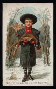 Niño sosteniendo un faisán, tarjeta de felicitación de Navidad de English School