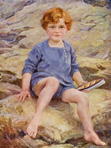 Niño jugando en piscinas de roca con un bote de juguete (litografia de color)