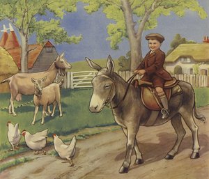 Niño montado en un burro en la campiña inglesa (litografía en color) de English School