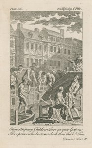 Niños bañándose en el Fleet Ditch por el Puente de Bridewell en 1728
