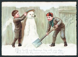 Niños construyendo un muñeco de nieve, Tarjeta de Navidad de English School