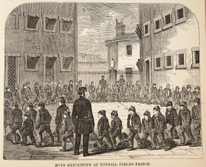 Niños ejercitándose en la prisión de Tothill Fields, ilustración de Las prisiones criminales de Londres y escenas de la vida en prisión de Henry Mayhew y John Binny, pub. 1862 de English School