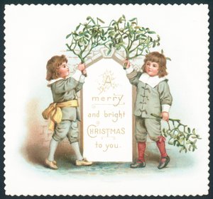 Niños colgando muérdago en el letrero, tarjeta de Navidad de English School