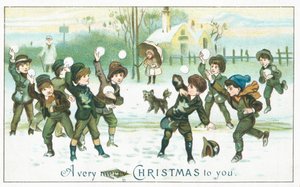 Niños en una pelea de bolas de nieve, tarjeta de Navidad de English School