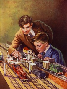 Niños jugando con un juego de trenes (litografia en color)