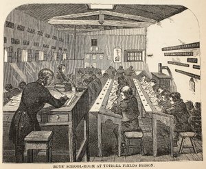 Sala de escuela de niños en la prisión de Tothill Fields, ilustración de Las prisiones criminales de Londres y escenas de la vida en prisión de Henry Mayhew y John Binny, pub. 1862 de English School