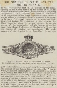 Brazalete presentado a la Princesa de Gales en conmemoración de la apertura del túnel de Mersey (grabado) de English School