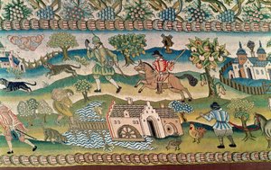 Alfombra de mesa de Bradford, (detalle) de escenas de la vida rural, finales del siglo XVI de English School