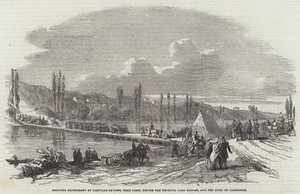 Experimento de Puente en Joinville-le-Pont, cerca de París, ante el Emperador, Lord Raglan y el Duque de Cambridge (grabado) de English School