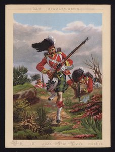 Soldados del Ejército Británico del 92º Highlanders, tarjeta de felicitación de Año Nuevo (litografía en color) de English School