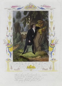 Tarjeta de San Valentín británica con la imagen de un hombre angustiado de pie junto al tronco de un árbol