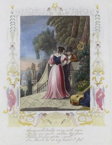 Tarjeta de San Valentín británica con la imagen de un hombre y una mujer de pie en una terraza de jardín de English School