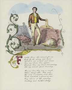 Tarjeta de San Valentín británica con imagen de un hombre construyendo un muro de ladrillos de English School